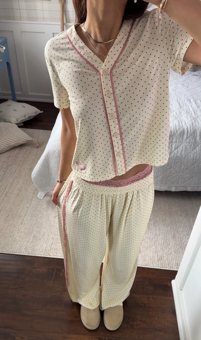 Polka Dot Pink Exposing Lace Pajama Set