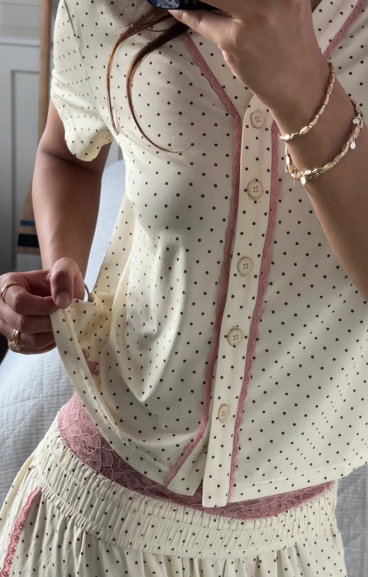 Polka Dot Pink Exposing Lace Pajama Set